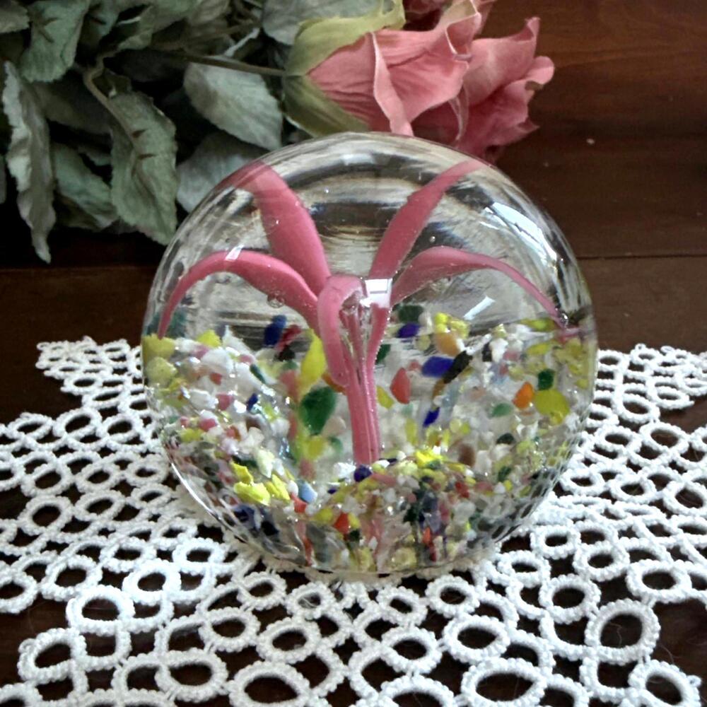 Vintage Murano Art Glass Paperweight - Spiny Pink Flower & Multi Color Confetti